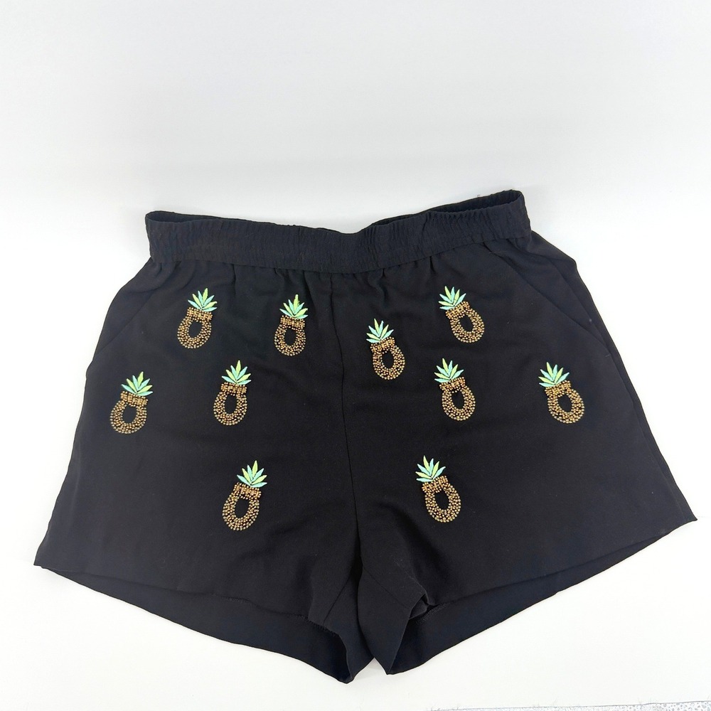H&M Shorts Beaded Pineapple 10 Black Womens Tropical Summer Vacation Boho